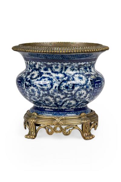 French Louis XV Style Ormolu Mounted Blue and White Porcelain Cachepot