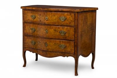 French Louis XV Style Serpentine Front Inlaid 3 Drawer Commode