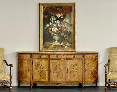 French Louis XV Style Sideboard Inlaid Marble Top Monumental Bronze Mounted