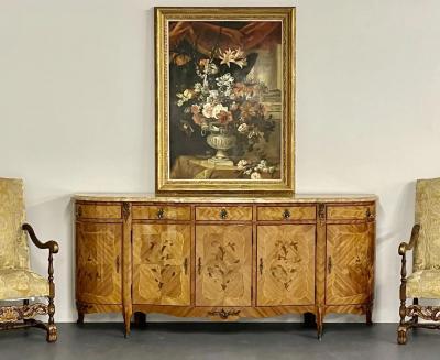 French Louis XV Style Sideboard Inlaid Marble Top Monumental Bronze Mounted