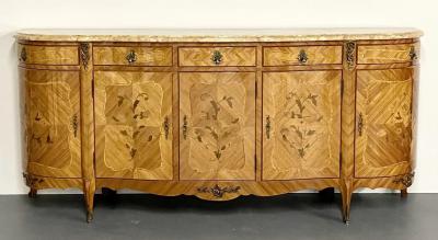 French Louis XV Style Sideboard Inlaid Marble Top Monumental Bronze Mounted
