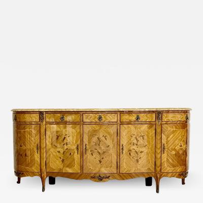 French Louis XV Style Sideboard Inlaid Marble Top Monumental Bronze Mounted
