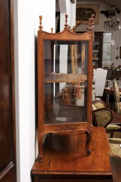 French Louis XV Style Walnut Display Cabinet with Carved Musical Instruments