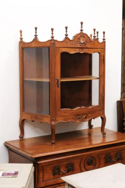 French Louis XV Style Walnut Display Cabinet with Carved Musical Instruments