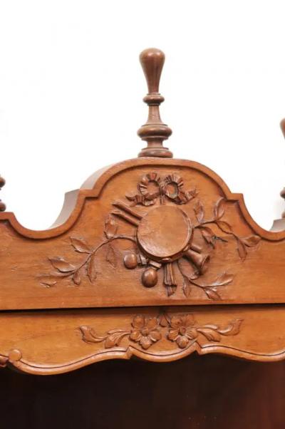 French Louis XV Style Walnut Display Cabinet with Carved Musical Instruments