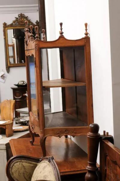 French Louis XV Style Walnut Display Cabinet with Carved Musical Instruments