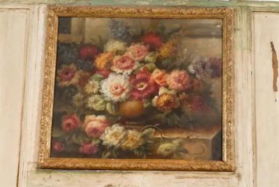 French Louis XV Trumeau Mirror with Original Oil Painting and Carved Gilt Motifs