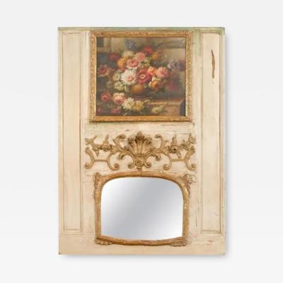 French Louis XV Trumeau Mirror with Original Oil Painting and Carved Gilt Motifs