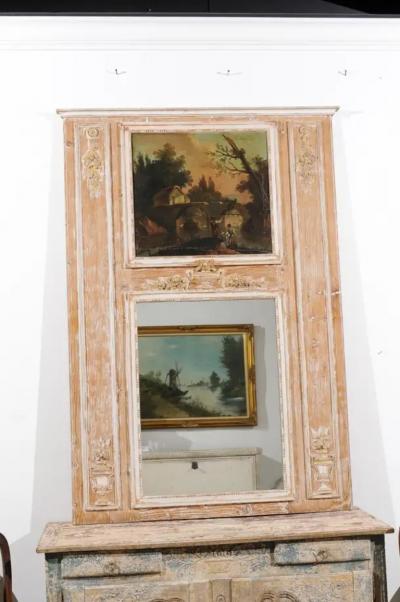 French Louis XVI 1790s Trumeau Mirror with Original Painting and Gilt Details