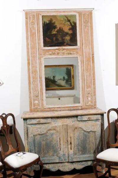 French Louis XVI 1790s Trumeau Mirror with Original Painting and Gilt Details