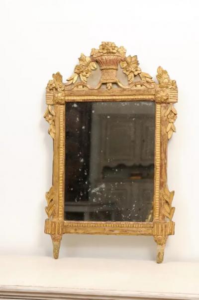 French Louis XVI 18th Century Giltwood Mirror with Carved Bouquet of Flowers