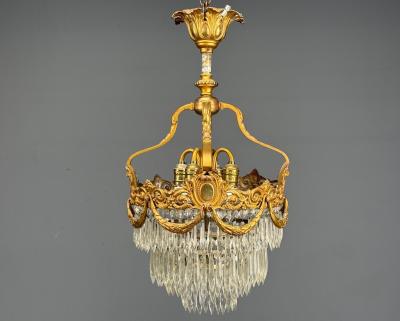French Louis XVI Chandelier Dore Bronze Crystal France 19th Century