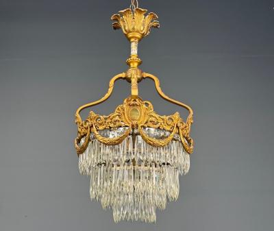 French Louis XVI Chandelier Dore Bronze Crystal France 19th Century