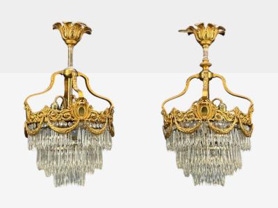 French Louis XVI Chandeliers Dore Bronze Crystal France 19th Century