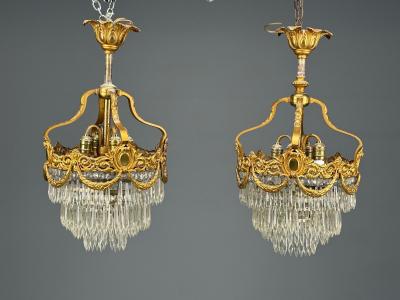French Louis XVI Chandeliers Dore Bronze Crystal France 19th Century