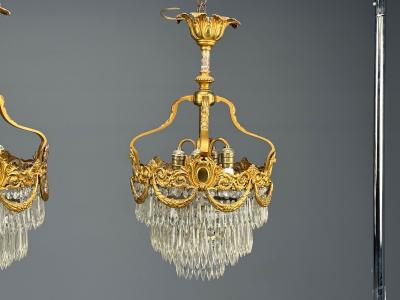 French Louis XVI Chandeliers Dore Bronze Crystal France 19th Century