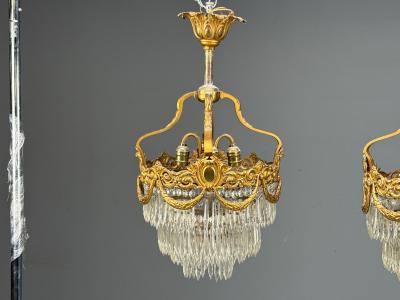 French Louis XVI Chandeliers Dore Bronze Crystal France 19th Century