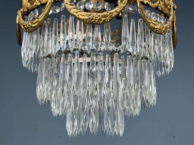 French Louis XVI Chandeliers Dore Bronze Crystal France 19th Century