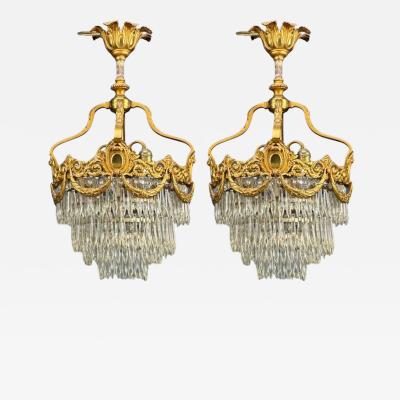 French Louis XVI Chandeliers Dore Bronze Crystal France 19th Century