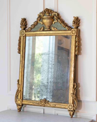 French Louis XVI Giltwood Mirror with Urn Garland Pediment 18th c 