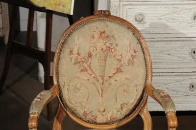 French Louis XVI Period 18th Century Armchair with Floral Tapestry Upholstery