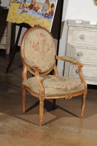 French Louis XVI Period 18th Century Armchair with Floral Tapestry Upholstery