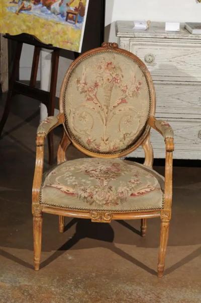 French Louis XVI Period 18th Century Armchair with Floral Tapestry Upholstery