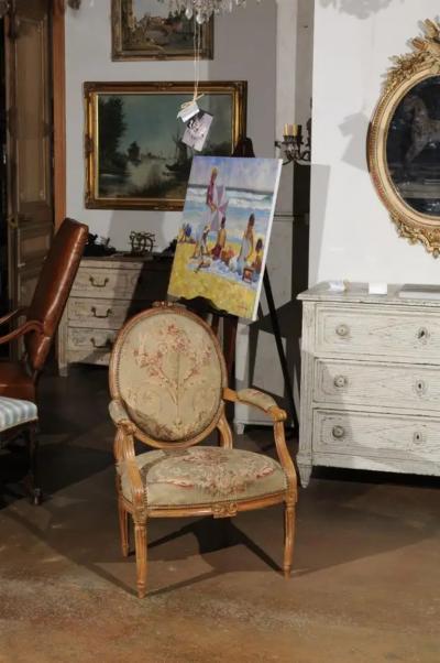 French Louis XVI Period 18th Century Armchair with Floral Tapestry Upholstery