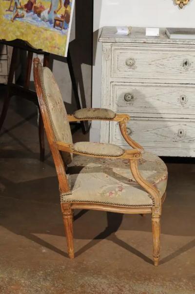 French Louis XVI Period 18th Century Armchair with Floral Tapestry Upholstery