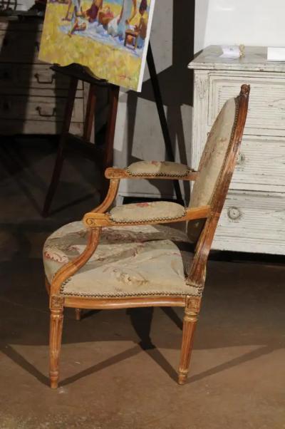 French Louis XVI Period 18th Century Armchair with Floral Tapestry Upholstery