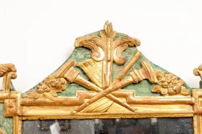 French Louis XVI Period 18th Century Gilded Mirror with Carved Musical Allegory