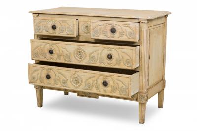 French Louis XVI Provincial Style 4 Drawer Beige and Gray Painted Commode