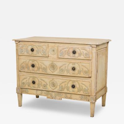 French Louis XVI Provincial Style 4 Drawer Beige and Gray Painted Commode
