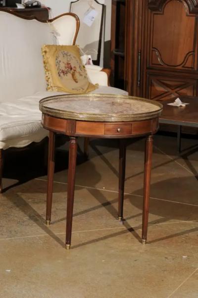French Louis XVI Style 1890s Bouillotte Table with Marble Top and Brass Gallery