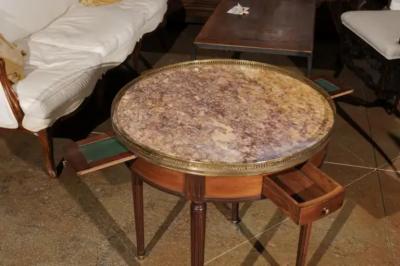 French Louis XVI Style 1890s Bouillotte Table with Marble Top and Brass Gallery