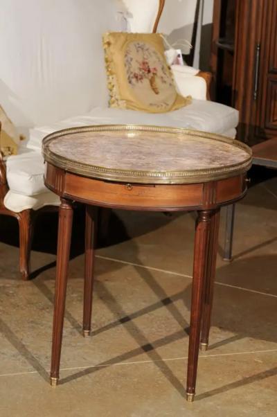 French Louis XVI Style 1890s Bouillotte Table with Marble Top and Brass Gallery