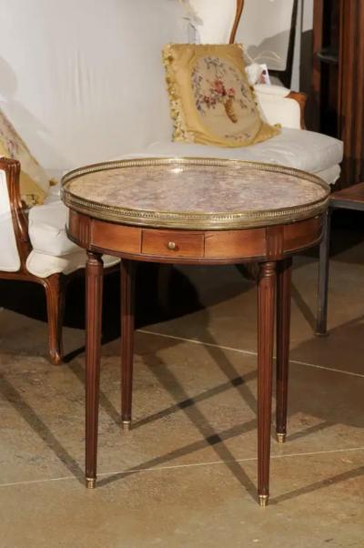 French Louis XVI Style 1890s Bouillotte Table with Marble Top and Brass Gallery