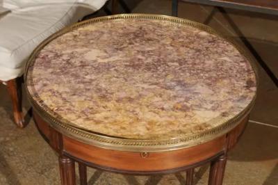 French Louis XVI Style 1890s Bouillotte Table with Marble Top and Brass Gallery
