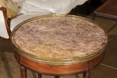 French Louis XVI Style 1890s Bouillotte Table with Marble Top and Brass Gallery