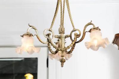 French Louis XVI Style 19th Century Bronze Three Light Chandelier with Torch
