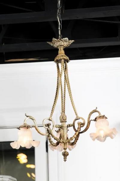 French Louis XVI Style 19th Century Bronze Three Light Chandelier with Torch