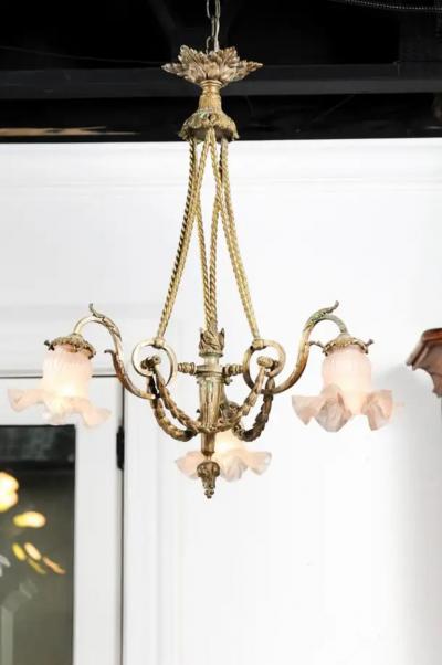 French Louis XVI Style 19th Century Bronze Three Light Chandelier with Torch