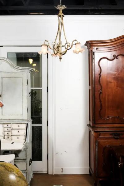 French Louis XVI Style 19th Century Bronze Three Light Chandelier with Torch