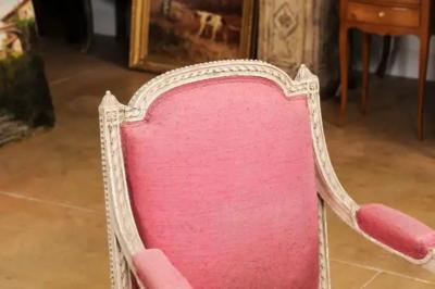 French Louis XVI Style 19th Century Painted Fauteuil with Abundant Carved D cor