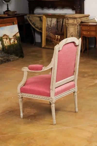 French Louis XVI Style 19th Century Painted Fauteuil with Abundant Carved D cor