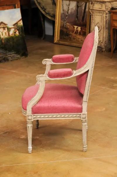 French Louis XVI Style 19th Century Painted Fauteuil with Abundant Carved D cor