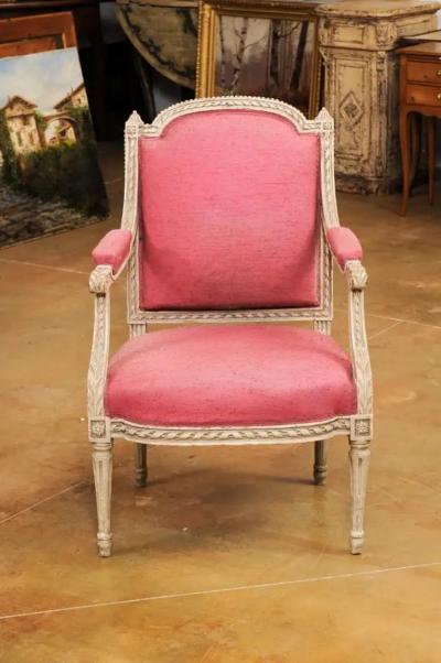 French Louis XVI Style 19th Century Painted Fauteuil with Abundant Carved D cor
