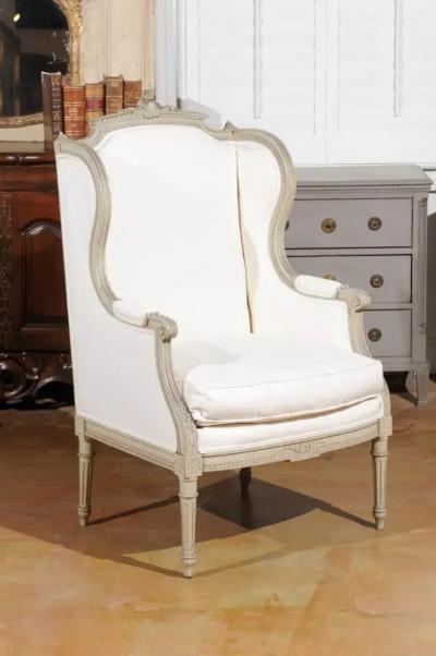 French Louis XVI Style 19th Century Painted and Carved Wingback Berg re Chair