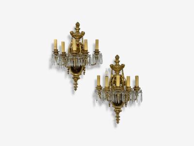 French Louis XVI Style Bronze Crystal Rams Head Five Light Sconces 1920s