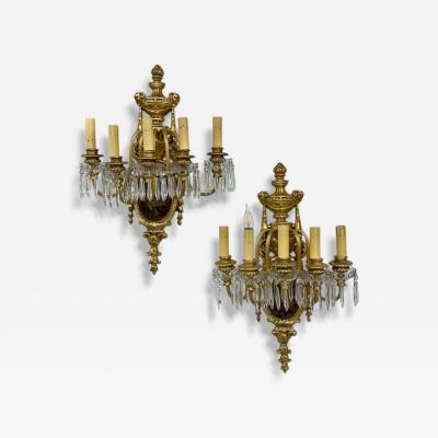 French Louis XVI Style Bronze Crystal Rams Head Five Light Sconces 1920s